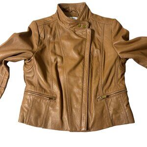 Kenneth‎ Cole Leather Jacket Womens L Tan Zipper Pockets Zip and Snap Closure
